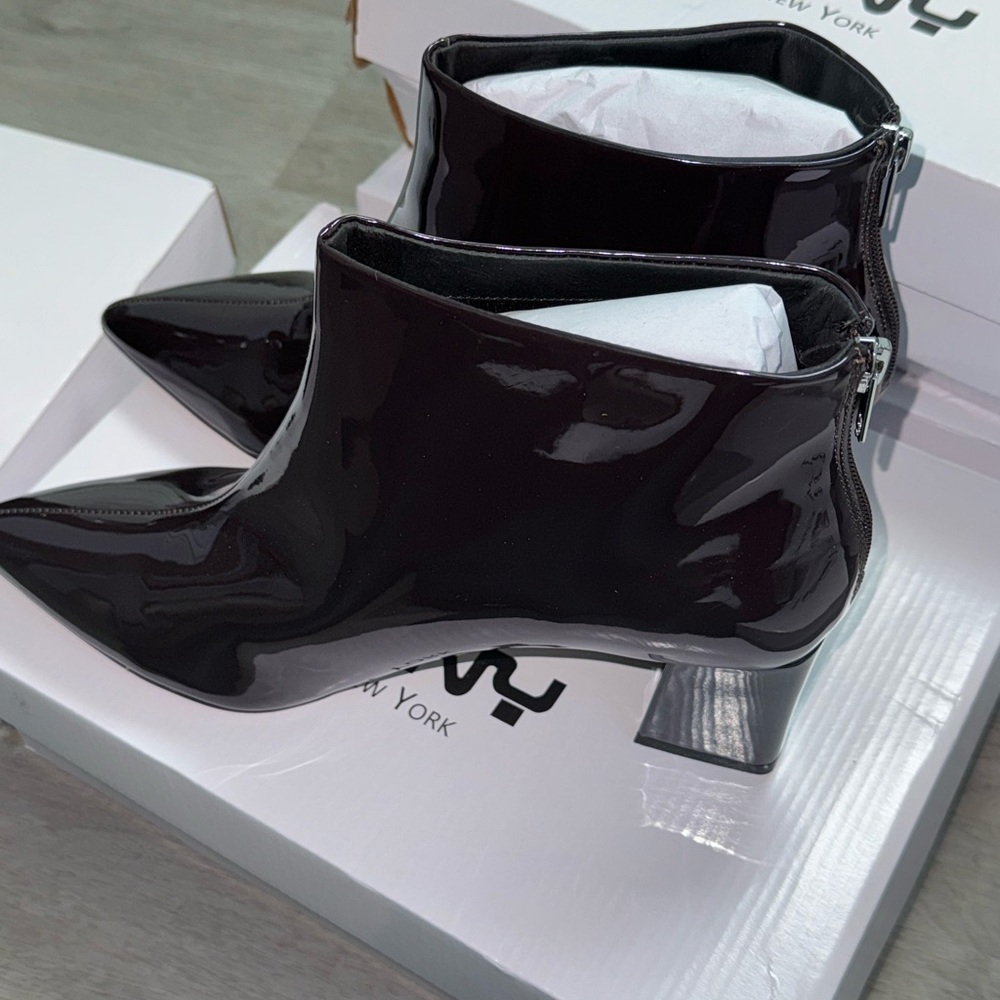 VHNY Glossy Brown Patent Leather Ankle Booties
